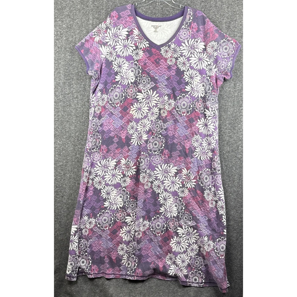 Dreams & Co. Floral Print Purple Pink V Neck Short Sleeve Cotton Nightgown Sz 1X